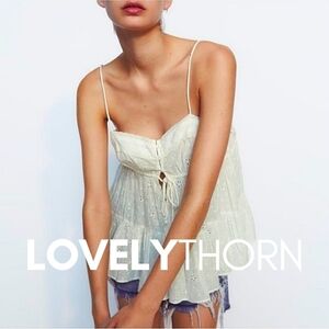 ZARA // plumetis eyelet button tie front lace detail relaxed empire camisole top